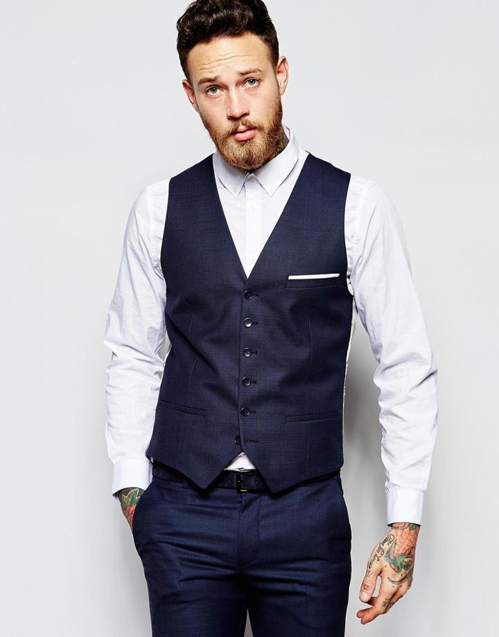 Heart & Dagger Vest In Birdseye Fabric In Skinny Fit - Navy