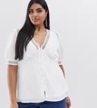 Fashion Union Plus Short Sleeved Blouse With Lace Inserts-white