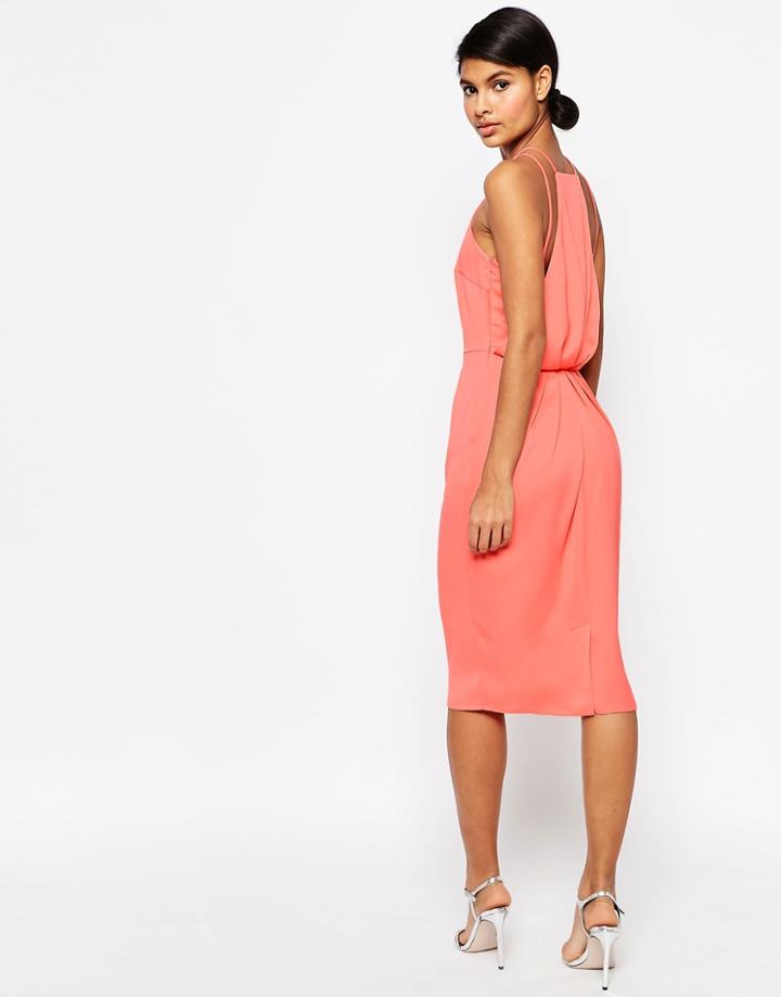 Asos Drape Back Midi Pencil Dress - Coral