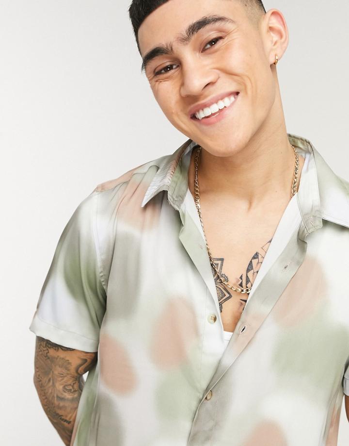 Asos Design Regular Block Standard Collar Satin Abstract Geo Print Shirt In Green