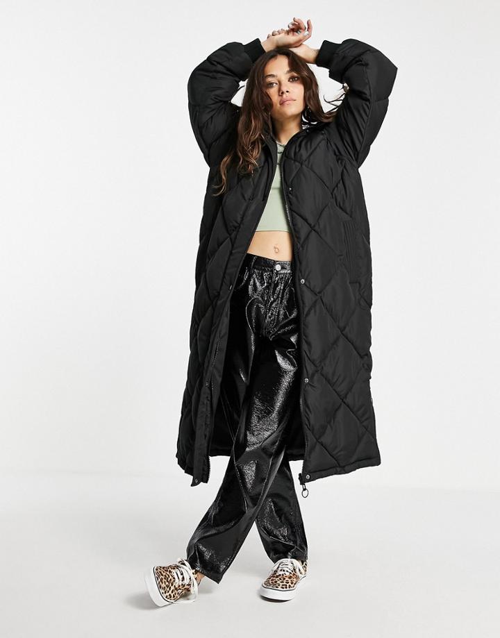Topshop Longline Reversible Puffer Jacket With Hood In Black