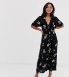 New Look Petite Midi Tea Dress In Black Ditsy Floral-blue