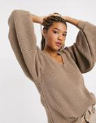 Asos Design V-neck Sweater With Shoulder Pads In Taupe-neutral