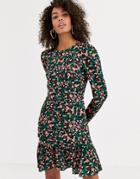 Never Fully Dressed Long Sleeve Mini Dress With Fluted Hem In Contrast Floral Print-multi