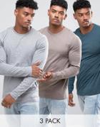 Asos Muscle Long Sleeve T-shirt With Crew Neck 3 Pack Save - Multi