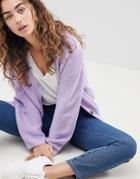 Asos Design Cardigan In Ripple Stitch With Buttons - Purple