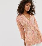 Asos Design Tall Kimono With Fluted Sleeve In Paisley Print - Multi