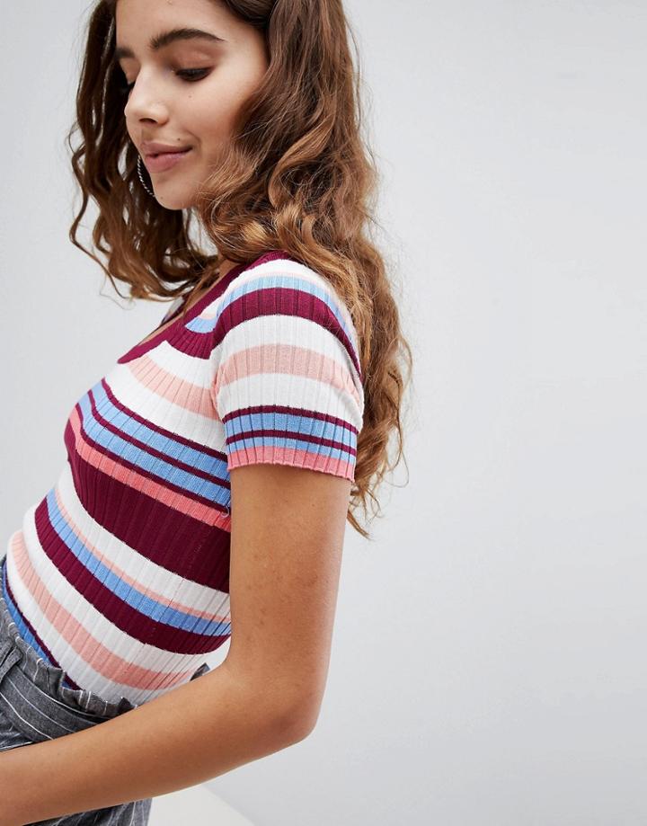 Bershka Ribbed Cropped Top In Multi Stripe - Multi