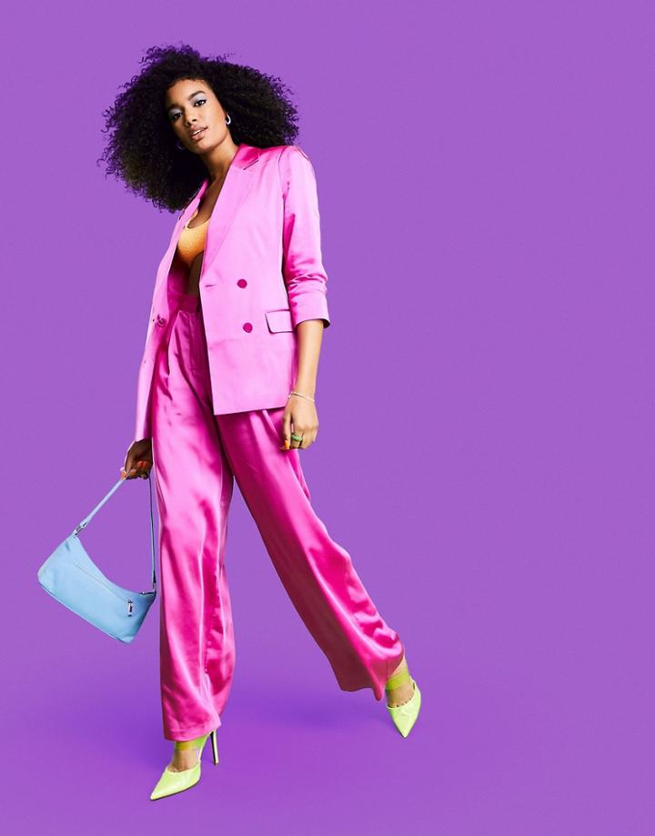 Asos Design Satin Double Breasted Suit Blazer In Pink