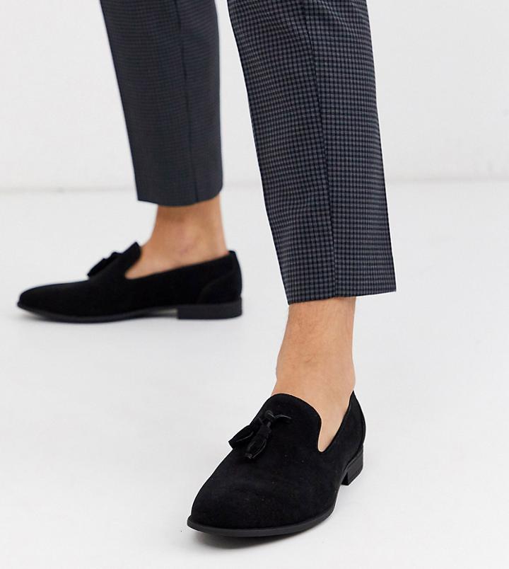 Asos Design Wide Fit Tassel Loafers In Black Faux Suede