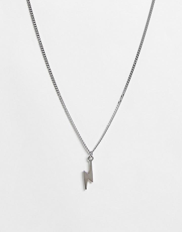 Asos Design Waterproof Stainless Steel Curb Necklace With 3d Lightning Bolt Pendant In Silver Tone
