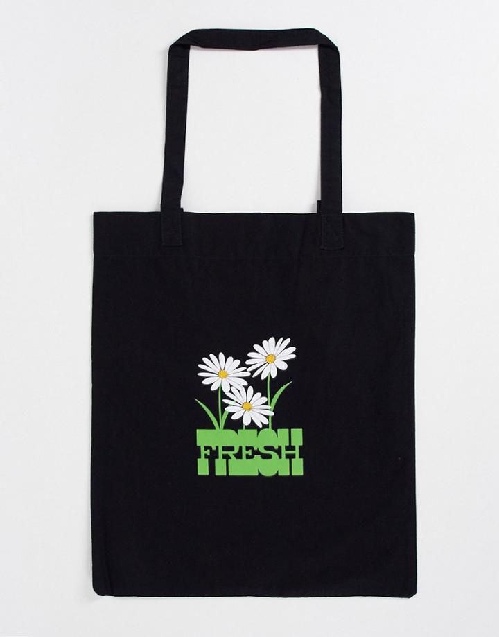 Asos Design Lightweight Cotton Tote Bag With Floral Print In Black - Black