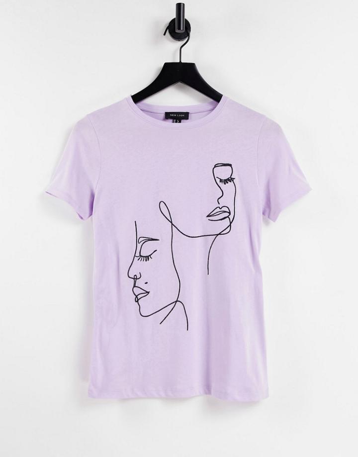 New Look Embroidered Abstract Face T-shirt In Lilac-purple