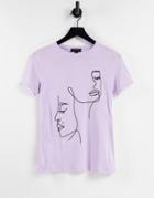 New Look Embroidered Abstract Face T-shirt In Lilac-purple