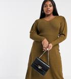 River Island Plus Puff Sleeve Ribbed Midi Dress In Khaki-green