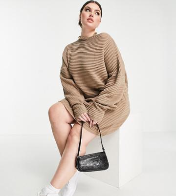 In The Style Plus X Megan Mckenna Knit Slouch Off-the-shoulder Dress In Taupe-neutral