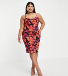 Vesper Plus Cami Strap Body-conscious Dress In Orange Floral Print-multi