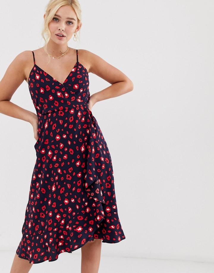 Gilli Wrap Front Midi Dress In Bright Leopard Print-navy