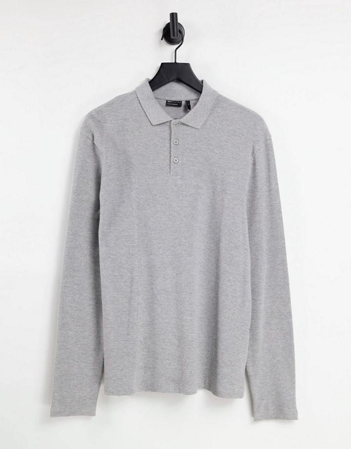 Asos Design Long Sleeve Waffle Polo In Gray Heather-grey