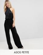Asos Petite Satin Fold Neck Jumpsuit With Keyhole And Wide Leg - Black