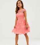 Chi Chi London Petite Premium Lace Mini Dress With Scalloped Neck In Coral-pink
