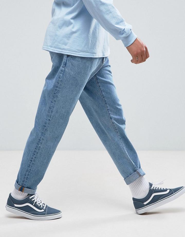 Asos Double Pleated Jeans In Mid Wash Blue - Blue