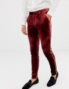 Asos Design Super Skinny Smart Pants In Burgundy Velvet With Gold Piping - Red