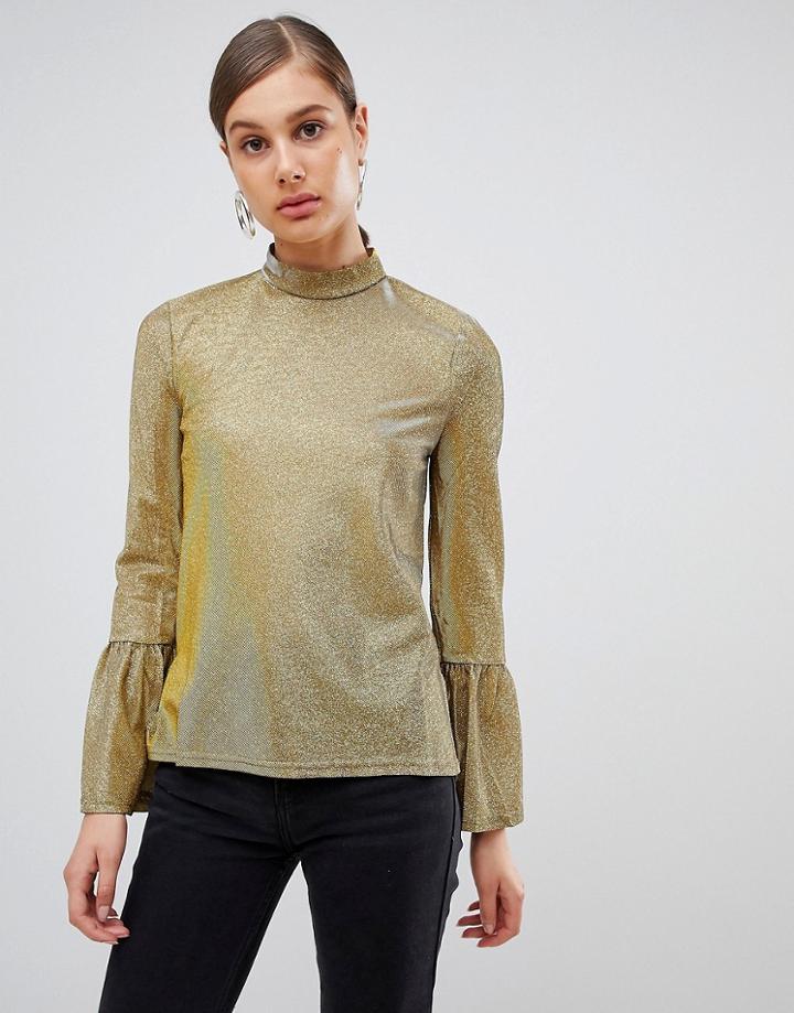 Evidnt Metallic Hi Neck Top-gold