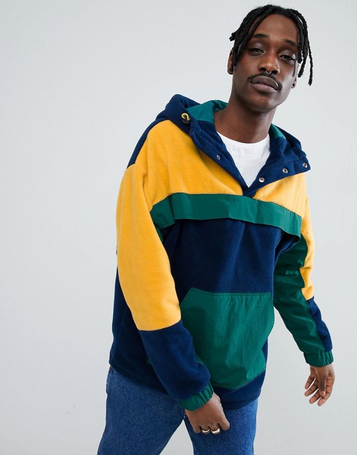 Asos Design Overhead Fleece Windbreaker In Color Block - Blue