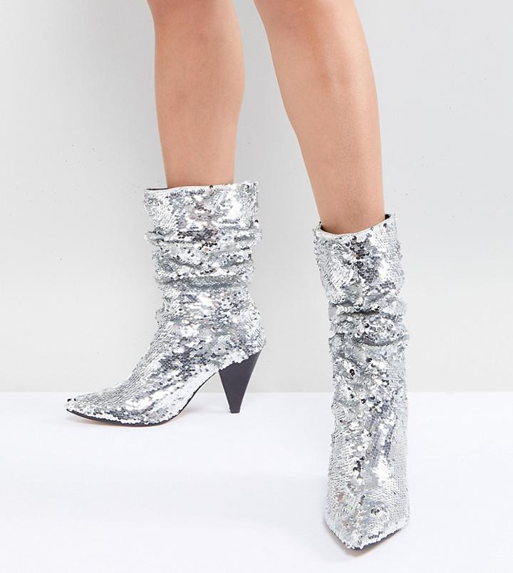 River Island Slouch Sequin Boots - Silver