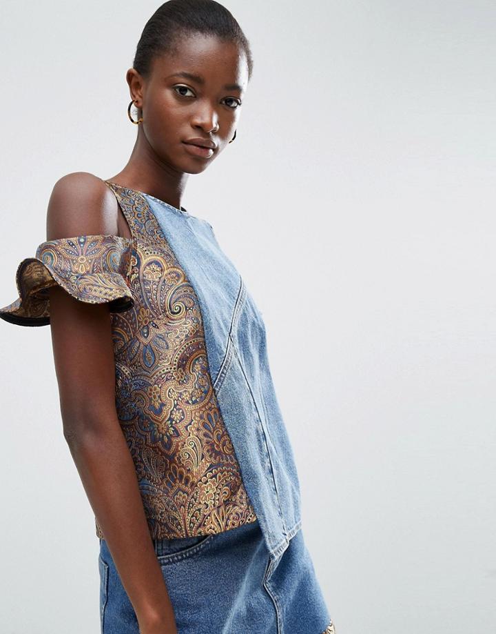 Asos Denim Top With Jacquard And Ruffle Sleeves Co-ord - Multi