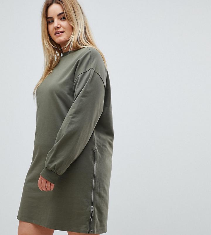 Asos Curve Oversized Sweat Dress With Zip Detail - Green