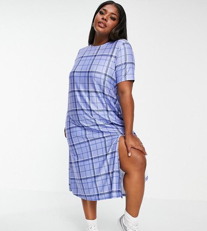 Urban Threads Plus Long T-shirt Dress In Blue Check-blues