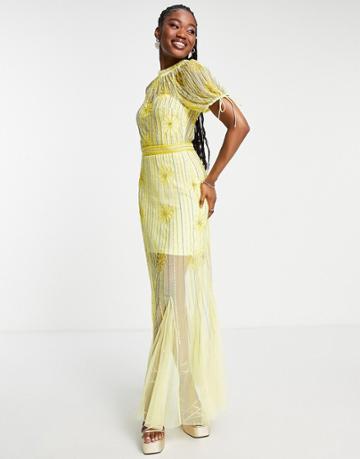 Miss Selfridge Premium Embellished Floral Puff Sleeve Midi Dress In Yellow
