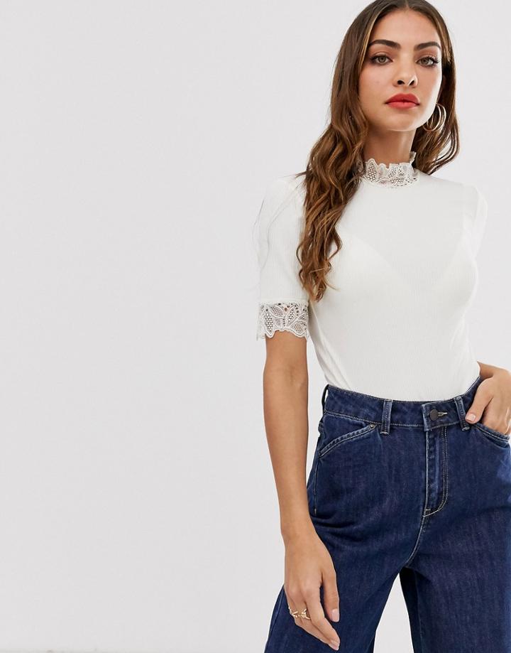 Y.a.s High Neck Lace Detail Ribbed Top - Pink
