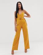 Asos Design Strappy Cami Wrap Jumpsuit With Belt In Polka Dot-multi
