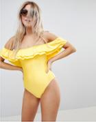 Asos Double Frill Bardot Swimsuit - Yellow