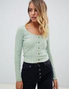 Asos Design Button Front Long Sleeve Top In Pointelle Rib - Green