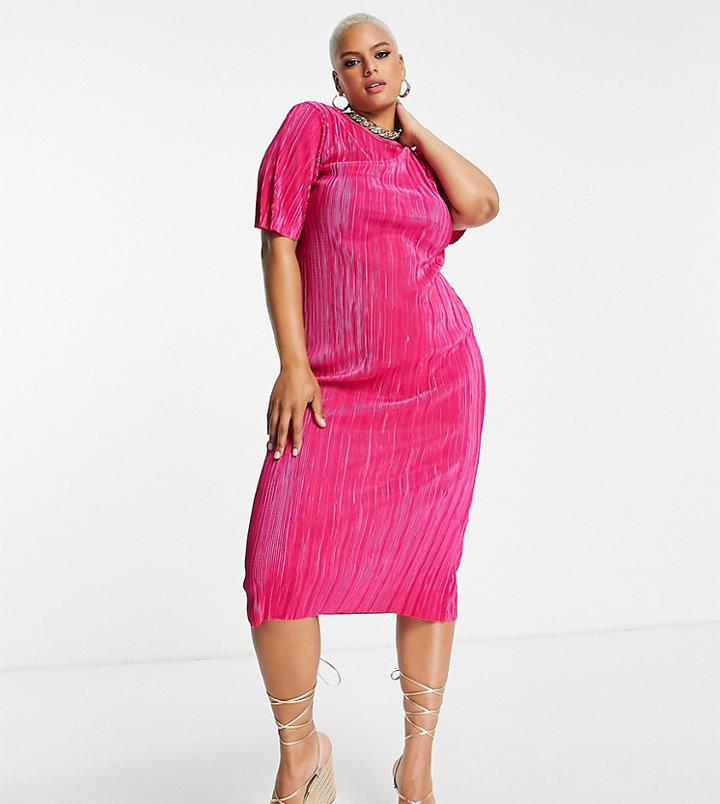 Asos Design Curve Exclusive Plisse T-shirt Midi Dress With Short Sleeves In Bright Pink