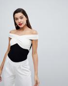 Asos Top With Wrap Off Shoulder Top In Color Block - Black