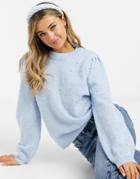Pieces Sweater With Textured Detail And Volume Sleeves In Blue-blues
