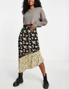 Asos Design Midi Skirt With Lace Insert In Spliced Floral Print-multi