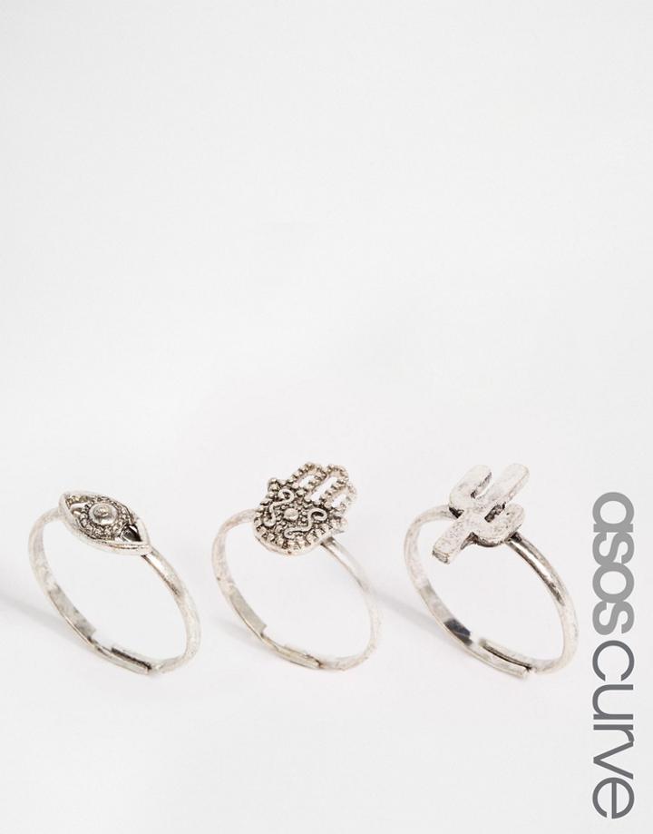 Asos Curve Mystical Charm Adjustable Ring Pack - Burnished Silver