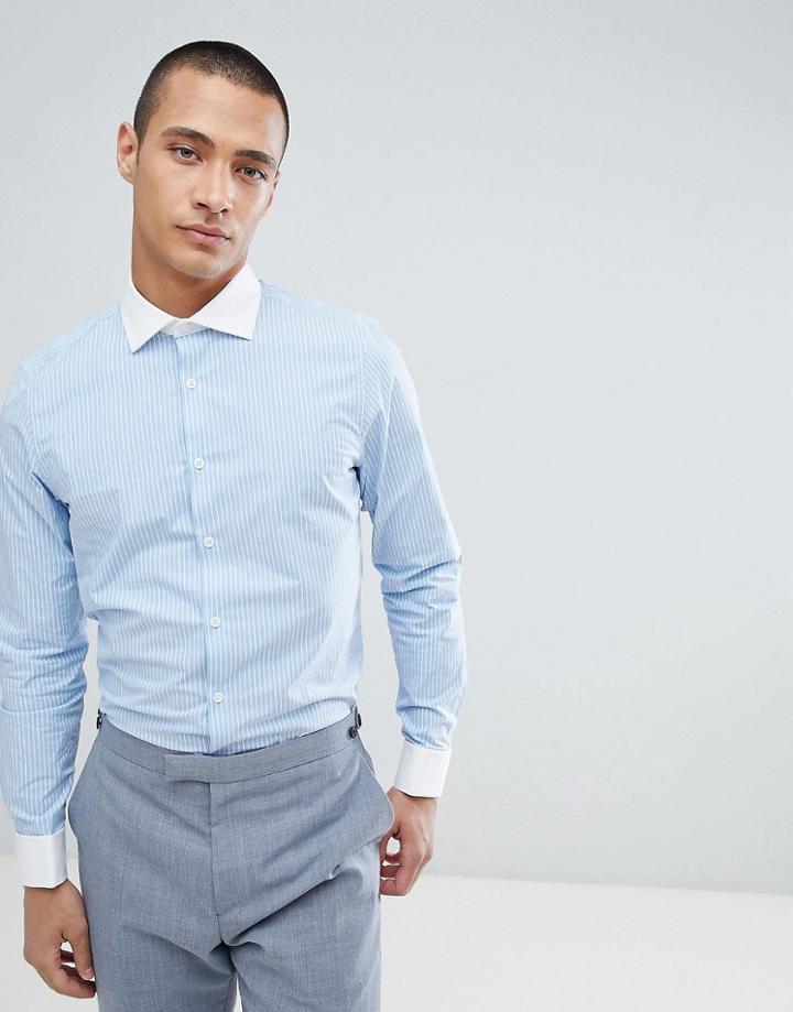 Asos Design Smart Stretch Slim Stripe Shirt With Cutaway Collar And Double Cuffs - Blue