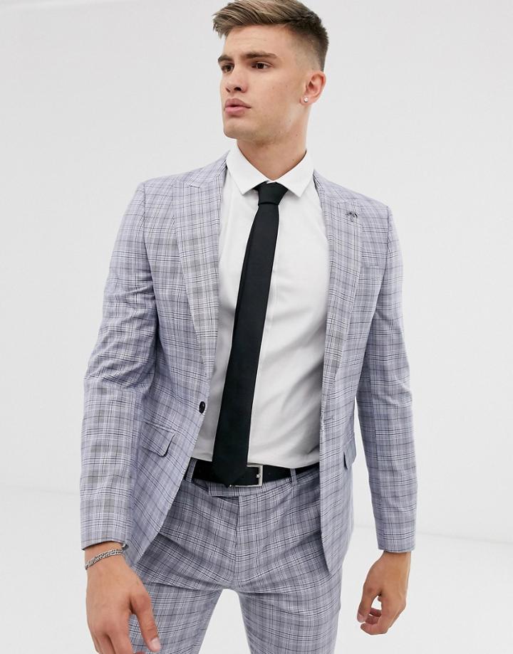 River Island Skinny Suit Jacket In Powder Blue Check