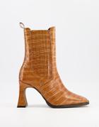 Asos Design Radius Premium Leather High Heeled Boots In Tan Croc-brown