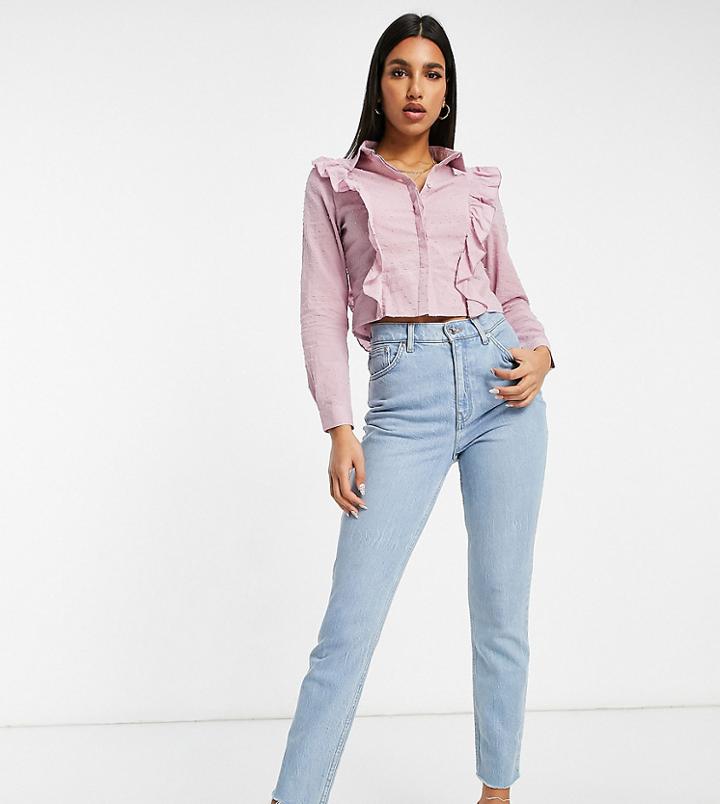 Missguided Dobby Cropped Shirt With Frill Front In Blush-pink