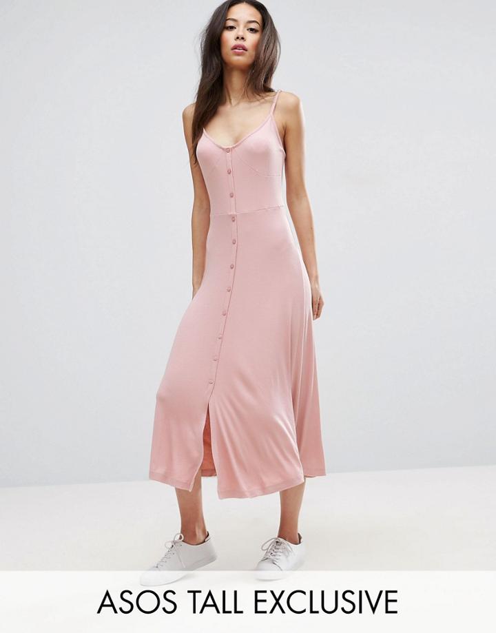 Asos Tall Rib Cupped Button Through Skater Midi Dress - Pink