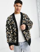 Topman Oversized Knitted Abstract Print Cardigan-multi