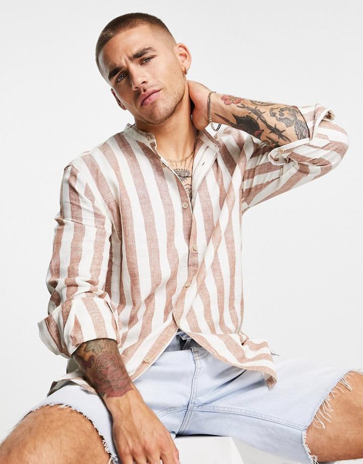Bershka Striped Linen Shirt In Camel-blue